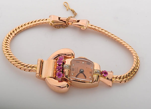 Rose Gold 1940's retro ladies watch with rubies and diamonds