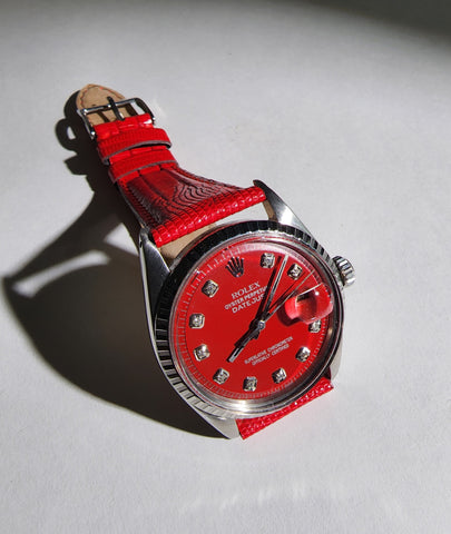 Custom Vintage Rolex Date Just with a Red Dial with Diamonds and a custom Red Strap